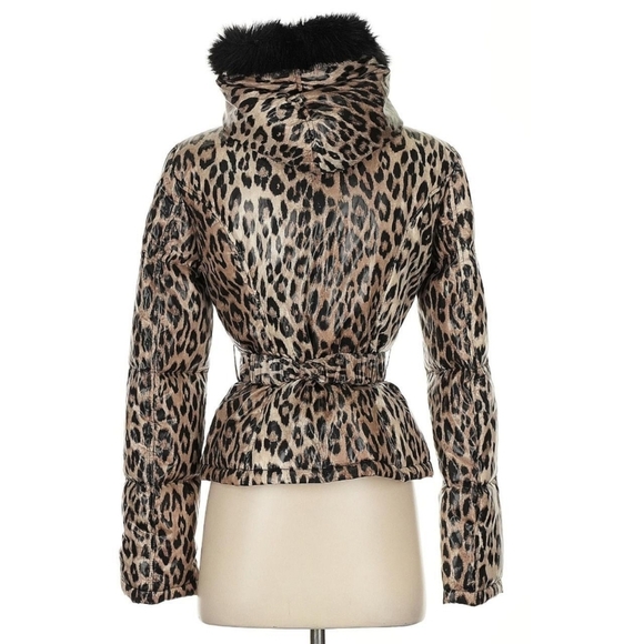 BEBE vintage animal print belted puffer jacket with faux fur hood - Picture 2 of 7
